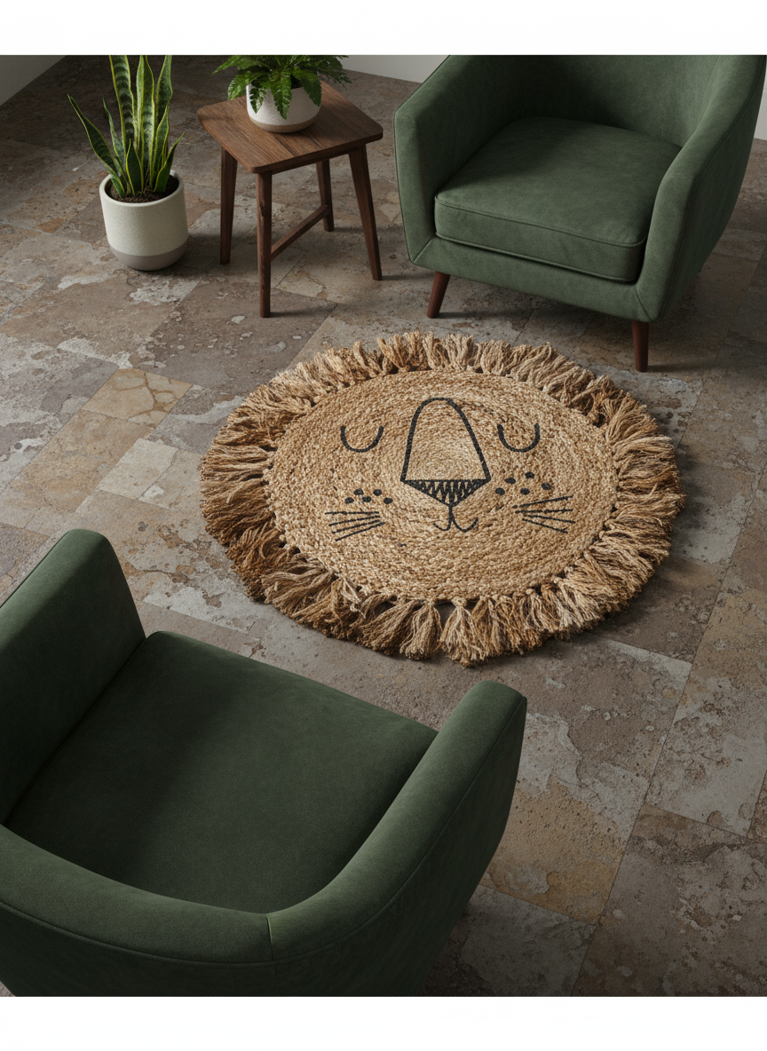Lion Natural Round Jute Rug - Size: 2.2 x 2.2