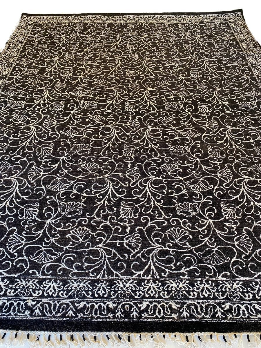 Black & White Floral Silk Rug - Size: 10.2 x 8.2 - Imam Carpet Co. Home