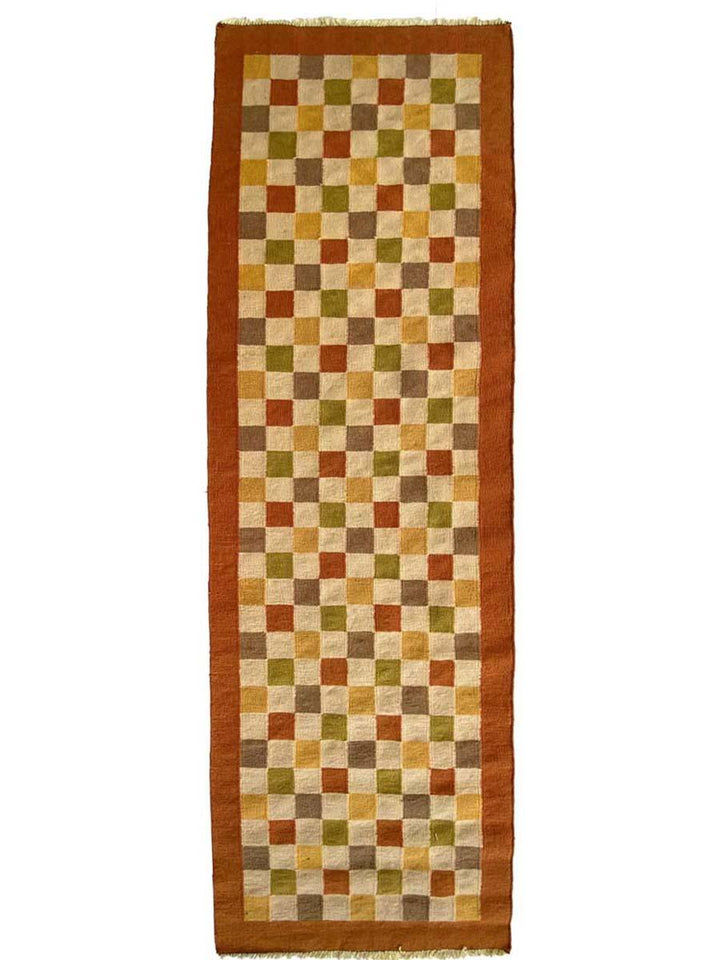 Orange Checkboxes Runner - Size: 8 x 2.7 - Imam Carpet Co
