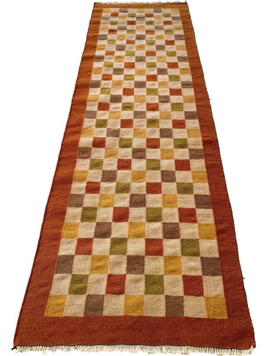 Orange Checkboxes Runner - Size: 8 x 2.7 - Imam Carpets Online Store