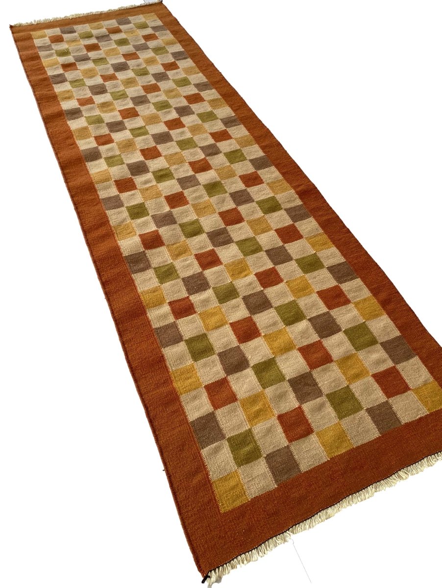 Orange Checkboxes Runner - Size: 8 x 2.7 - Imam Carpets Online Store