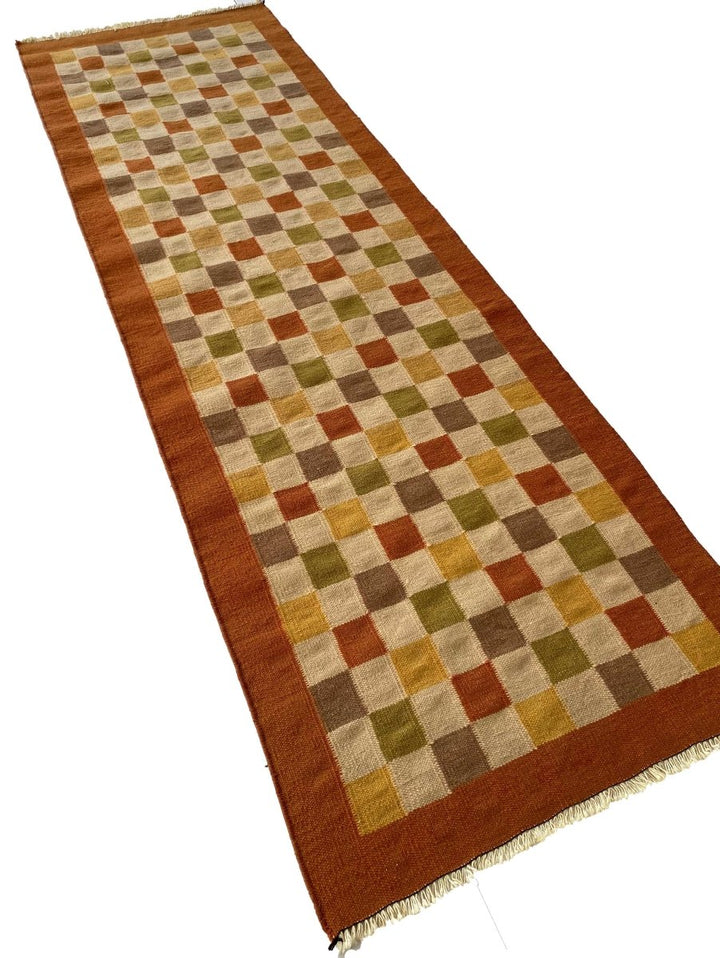 Orange Checkboxes Runner - Size: 8 x 2.7 - Imam Carpets Online Store
